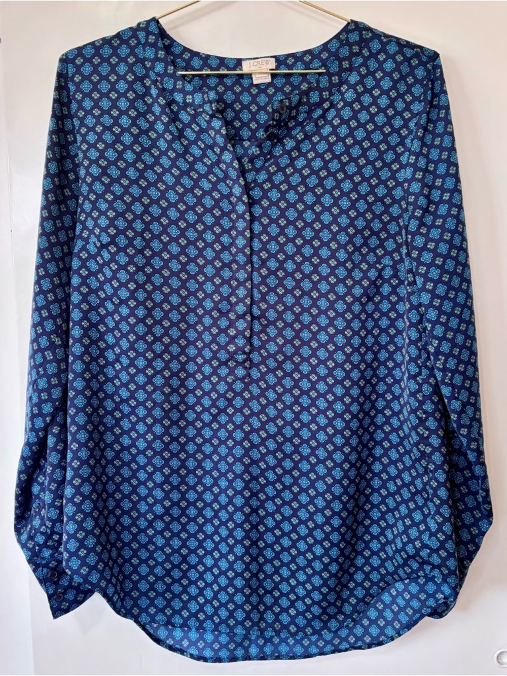 J. Crew| Blue & Turquoise Lightweight Printed Long-Sleeve Tunic Blouse Sz S